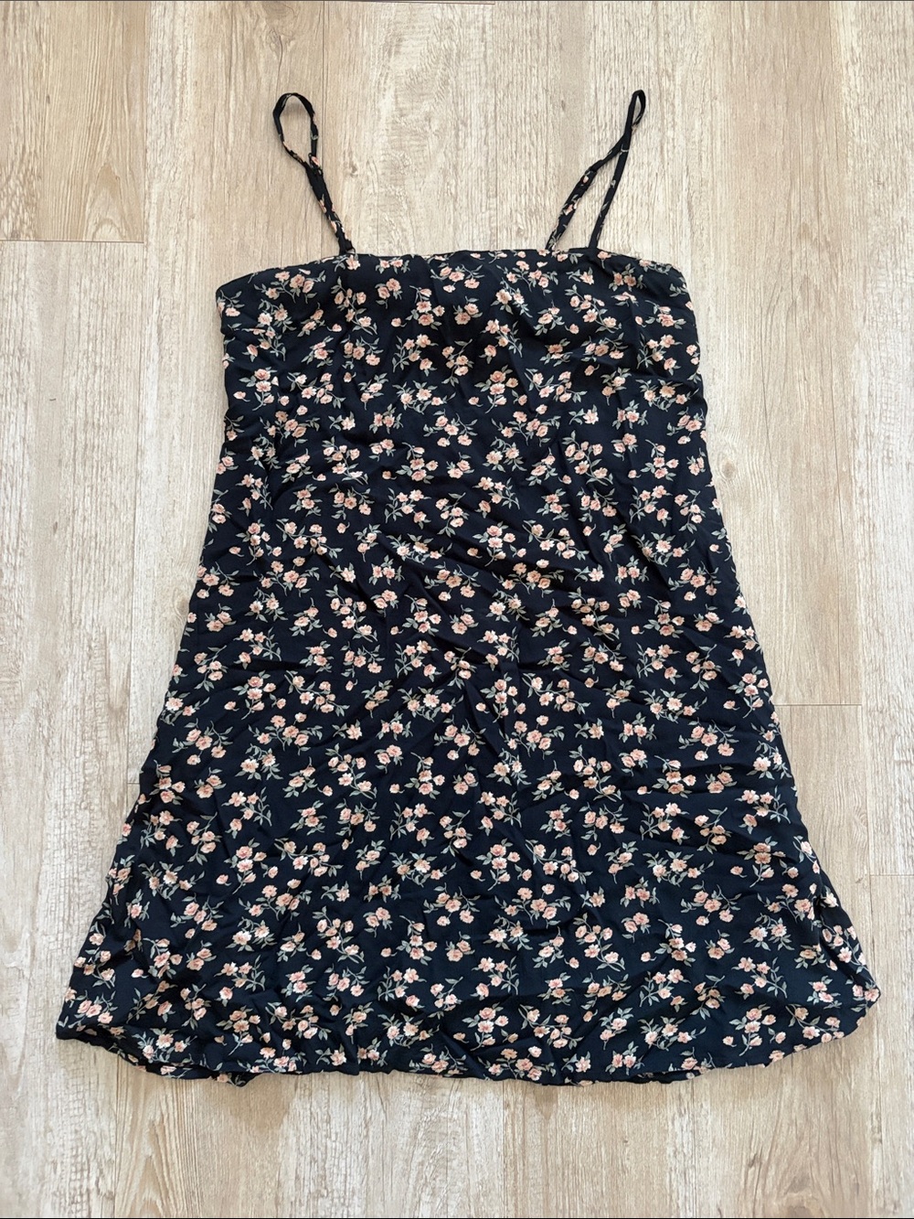 American Eagle Mini Black Floral Slip Dress with Pink Rose Print